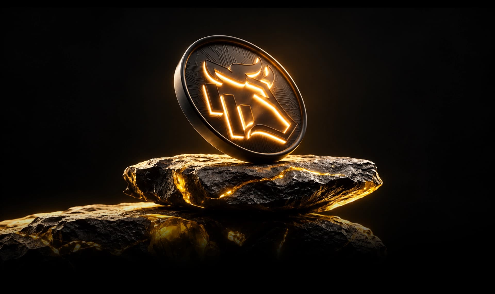 Combat coin balanced on a gold rock