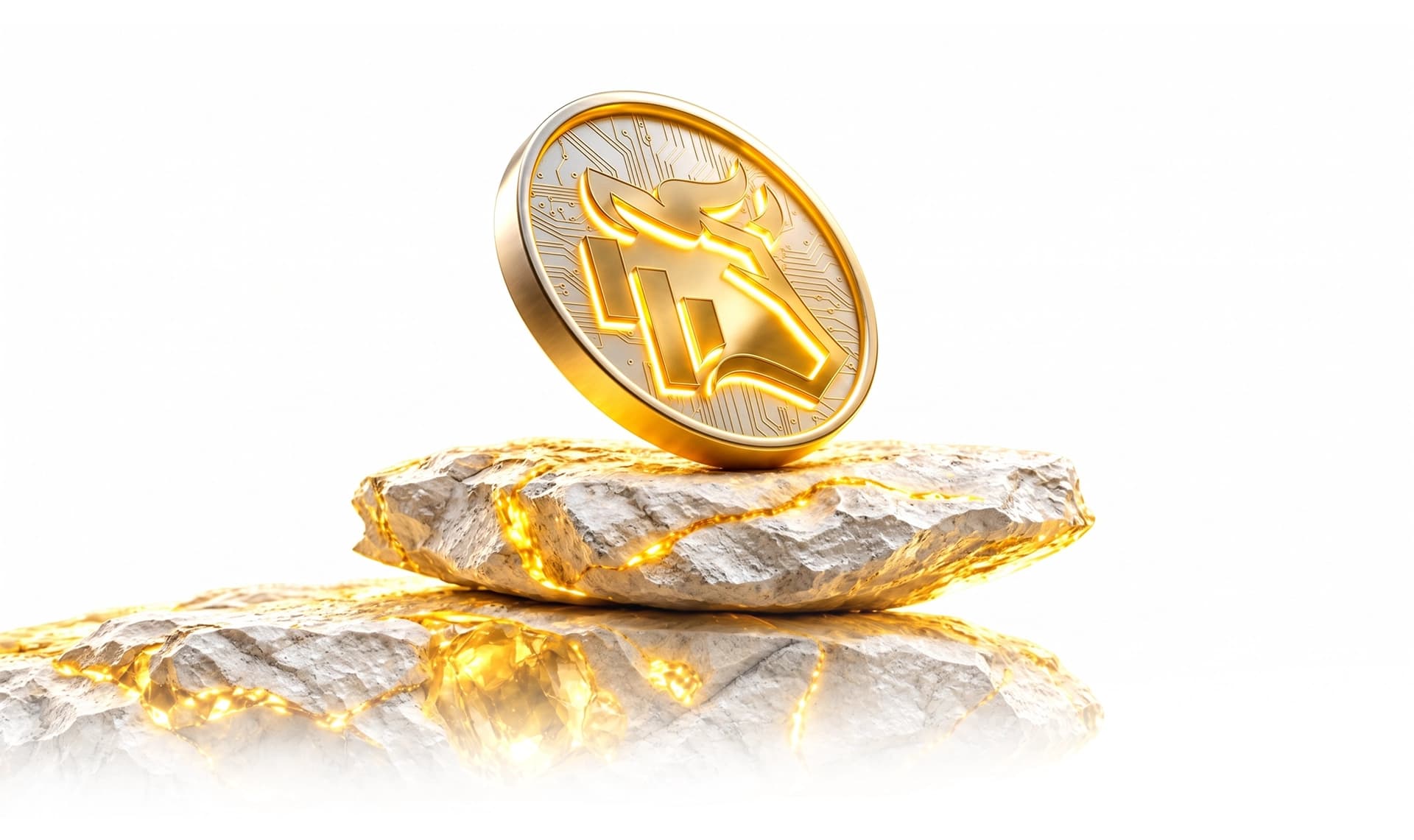 Combat coin balanced on a gold rock